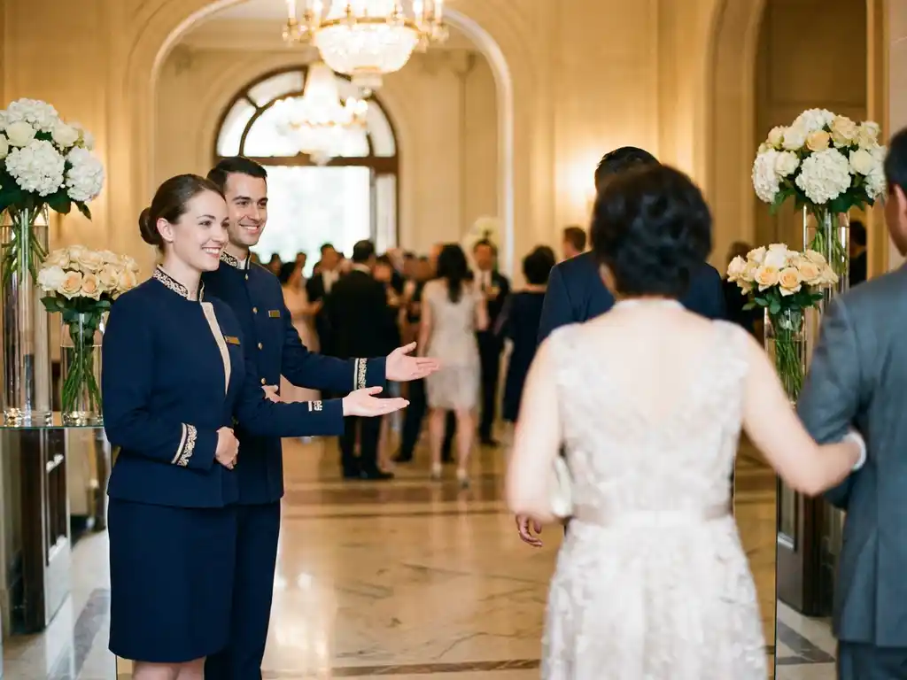 Gastheer en gastvrouw in elegante marineblauw-gouden uniformen verwelkomen gasten bij de ingang van een luxe evenementenlocatie.