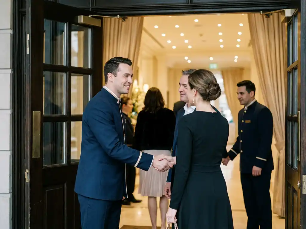 Gastheer in strak blazer verwelkomt gasten bij ingang van elegante evenementenlocatie met gouden en marineblauw interieur.