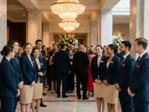 Professioneel geklede gastheren en gastvrouwen verwelkomen gasten in een luxe marmeren foyer met kristallen kroonluchters.