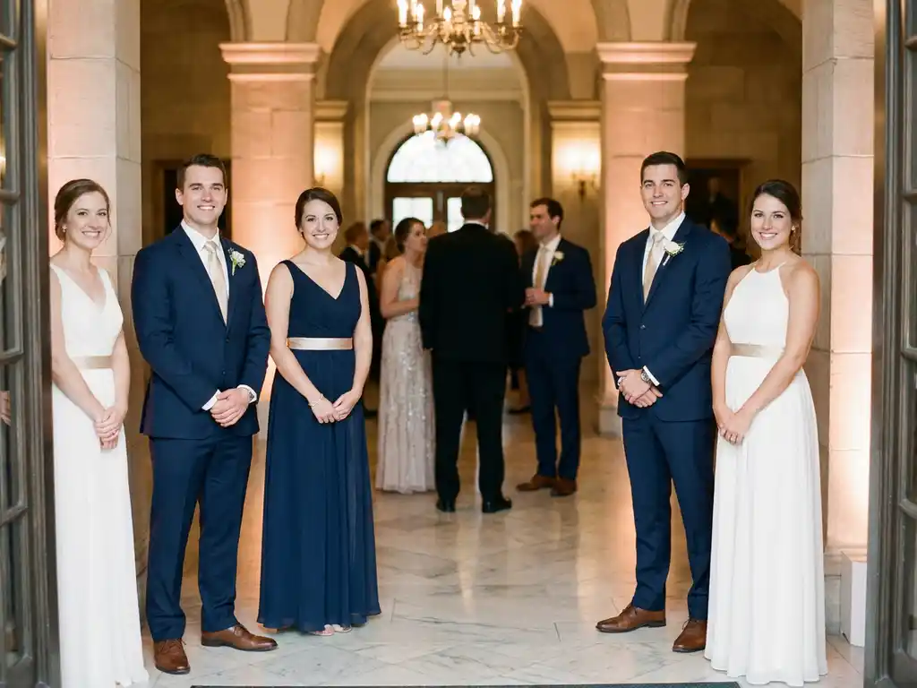 Gastvrije hosts en hostesses in elegante kleding verwelkomen gasten in een luxe marmeren foyer met zachte uplighting.