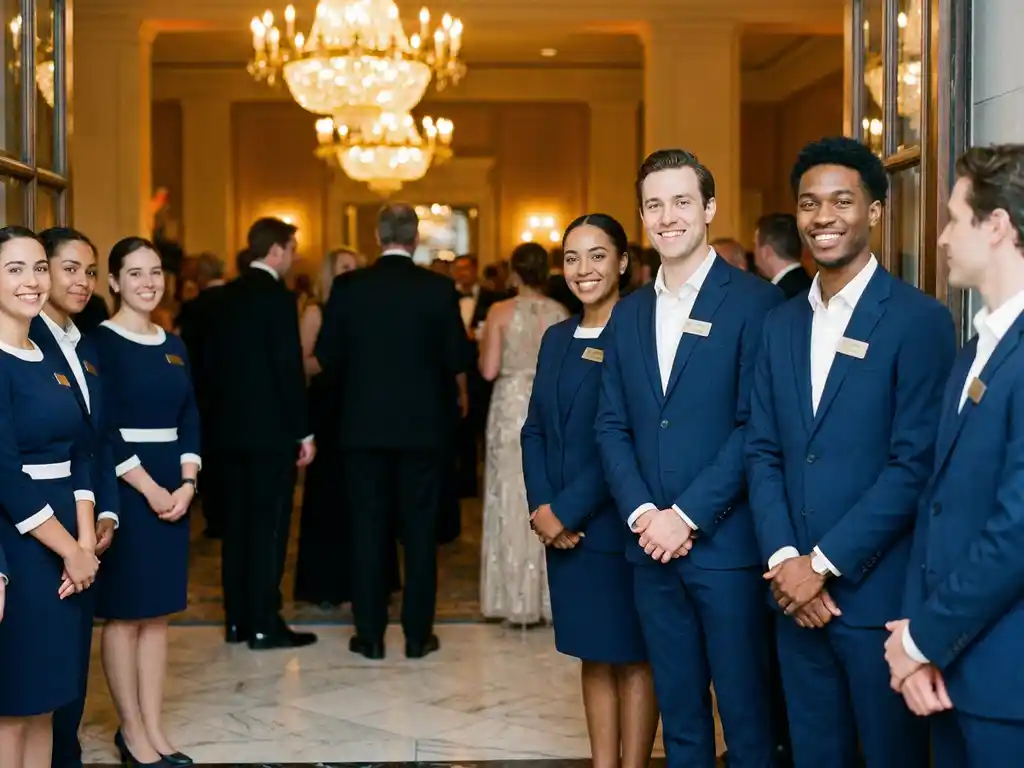 Gastheren en gastvrouwen in marine-blauw-witte uniformen verwelkomen gasten in een luxe evenementenlocatie met marmeren foyer en gouden kroonluchters.