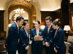 Hospitality hosts en hostesses in elegante marineblauw-gouden uniformen houden een nabespreking in een verlichte evenementenlocatie.