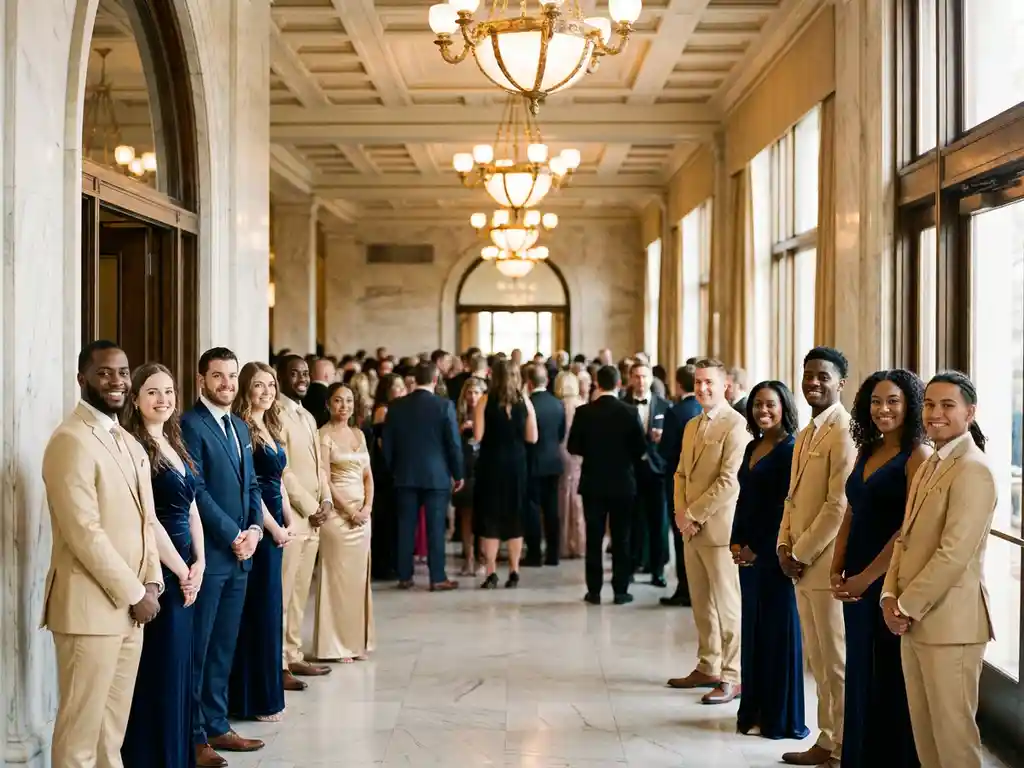 Gastheren en gastvrouwen in op maat gemaakte uniformen verwelkomen gasten in een luxe marmeren foyer met gouden kroonluchters.