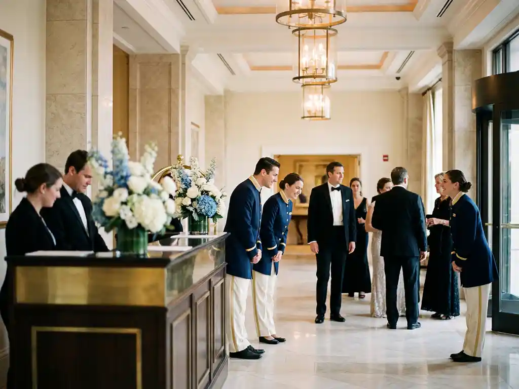 Gastheren en gastvrouwen in matching uniformen verwelkomen gasten in een marmeren foyer met kroonluchters en een elegante registratiebalie met bloemstukken.