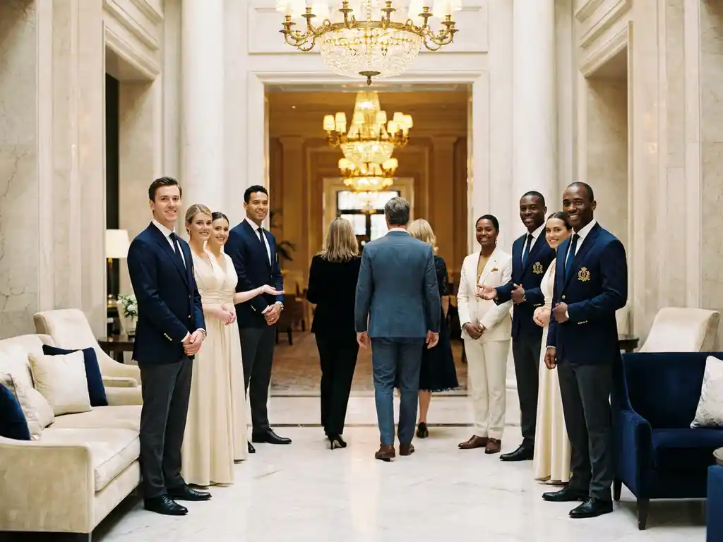 Gastheren en gastvrouwen in marine uniformen verwelkomen gasten in een luxe marmeren foyer met kroonluchters en gouden accenten.
