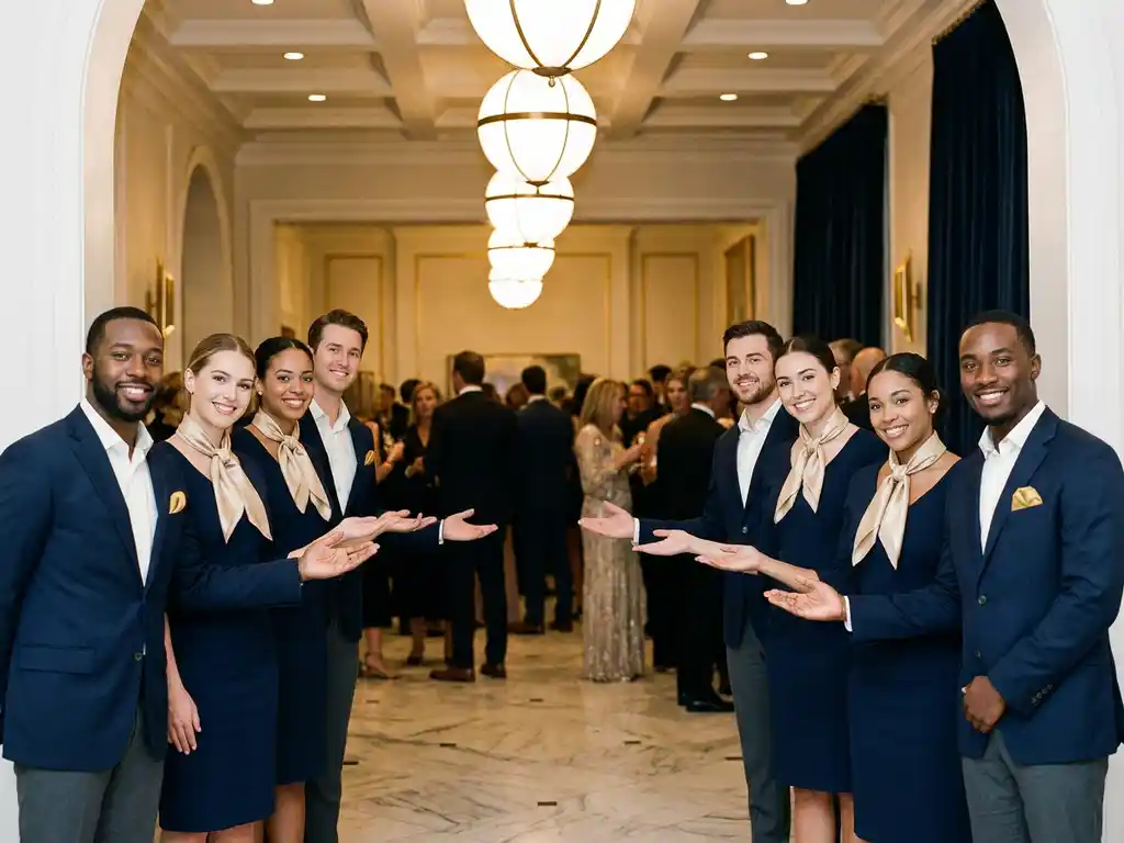 Gastheren en gastvrouwen in marine-blauwe uniformen verwelkomen gasten in een marmeren foyer met gouden hanglampen tijdens een groot evenement.