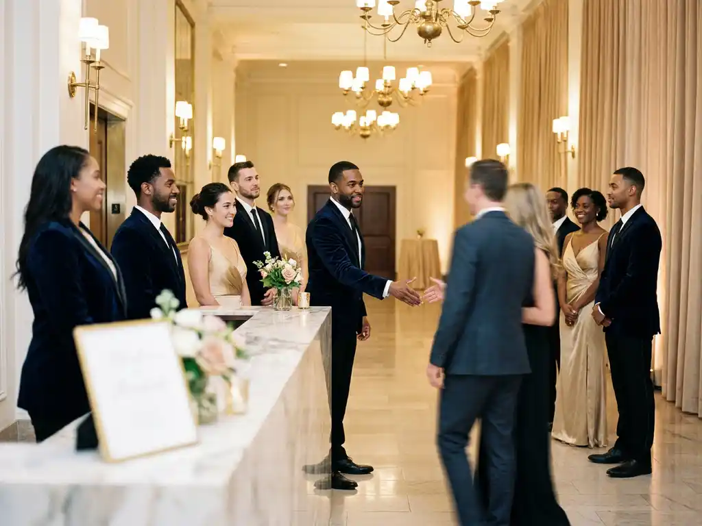 Elegante gastheren en gastvrouwen verwelkomen gasten bij een marmeren receptiebalie in een luxe evenementenlocatie met kroonluchters.