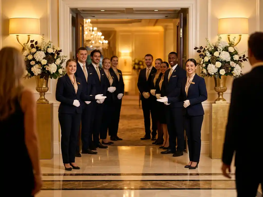 Professioneel geklede hosts en hostesses verwelkomen gasten bij de ingang van een luxe evenementenlocatie met marmeren vloeren en bloemstukken.