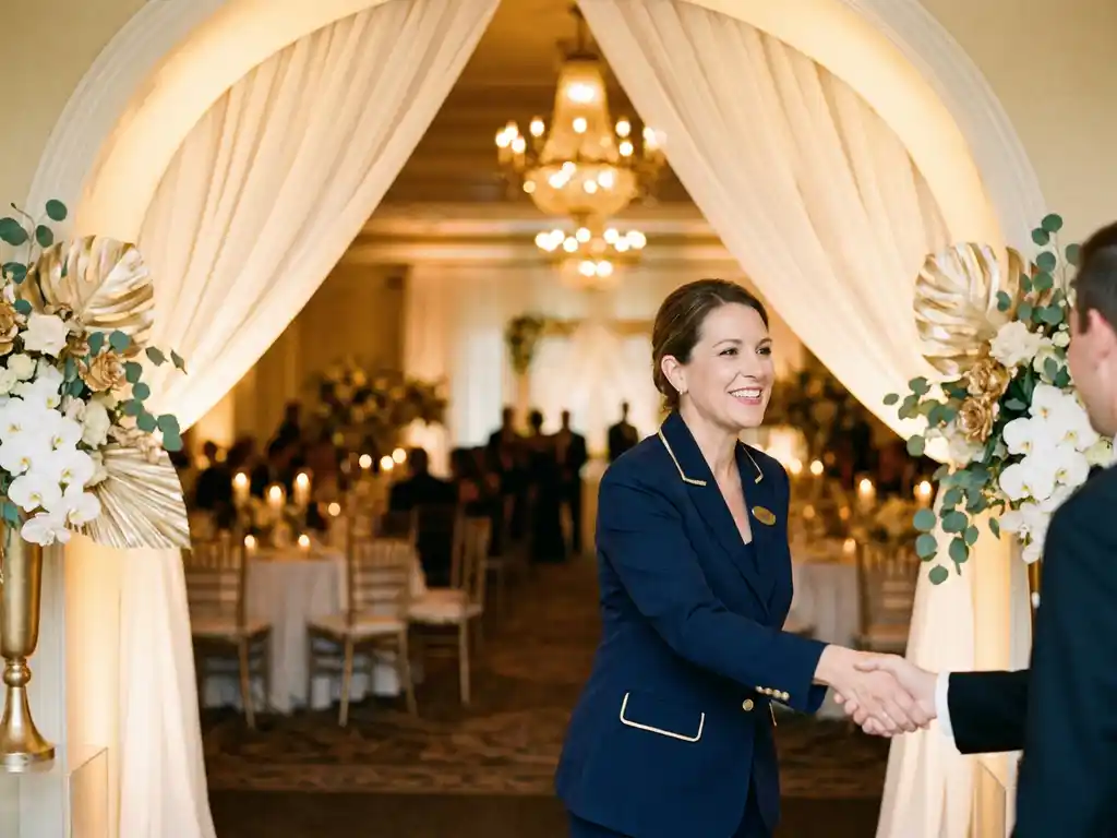 Gastvrouw in maatpak verwelkomt gasten bij ingang van elegante evenementenlocatie met bloemen en sfeerverlichting op de achtergrond.