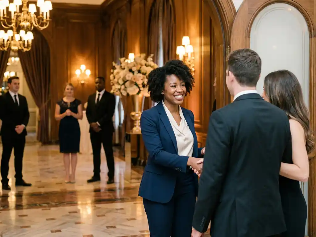 Gastvrouw in op maat gemaakt blazer verwelkomt gasten bij de ingang van een elegante evenementenlocatie met marmeren vloeren.