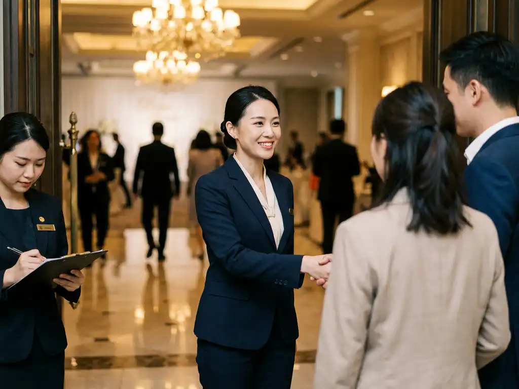 Gastvrouw in getailleerd blazer verwelkomt gasten bij ingang van elegante evenementenlocatie, collega raadpleegt klembord op achtergrond.