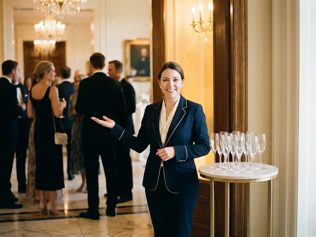 Gastvrouw in maatpak verwelkomt gasten bij ingang van luxe evenementenlocatie met marmeren foyer en champagneglazen.