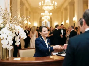 Gastvrouw in uniform verwelkomt gasten bij ingang van elegante evenementenlocatie, receptiebalie met bloemstuk op voorgrond.