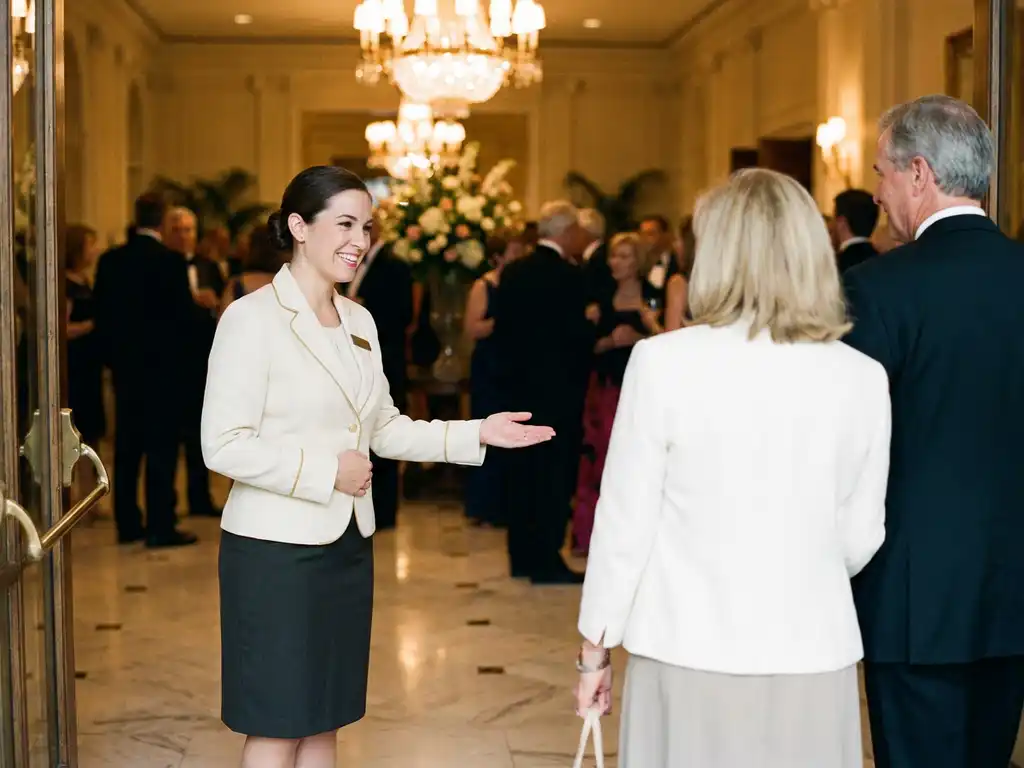 Gastvrouw in maatuniform verwelkomt gasten bij ingang van elegante evenementenlocatie met marmeren vloer en gouden kroonluchters.