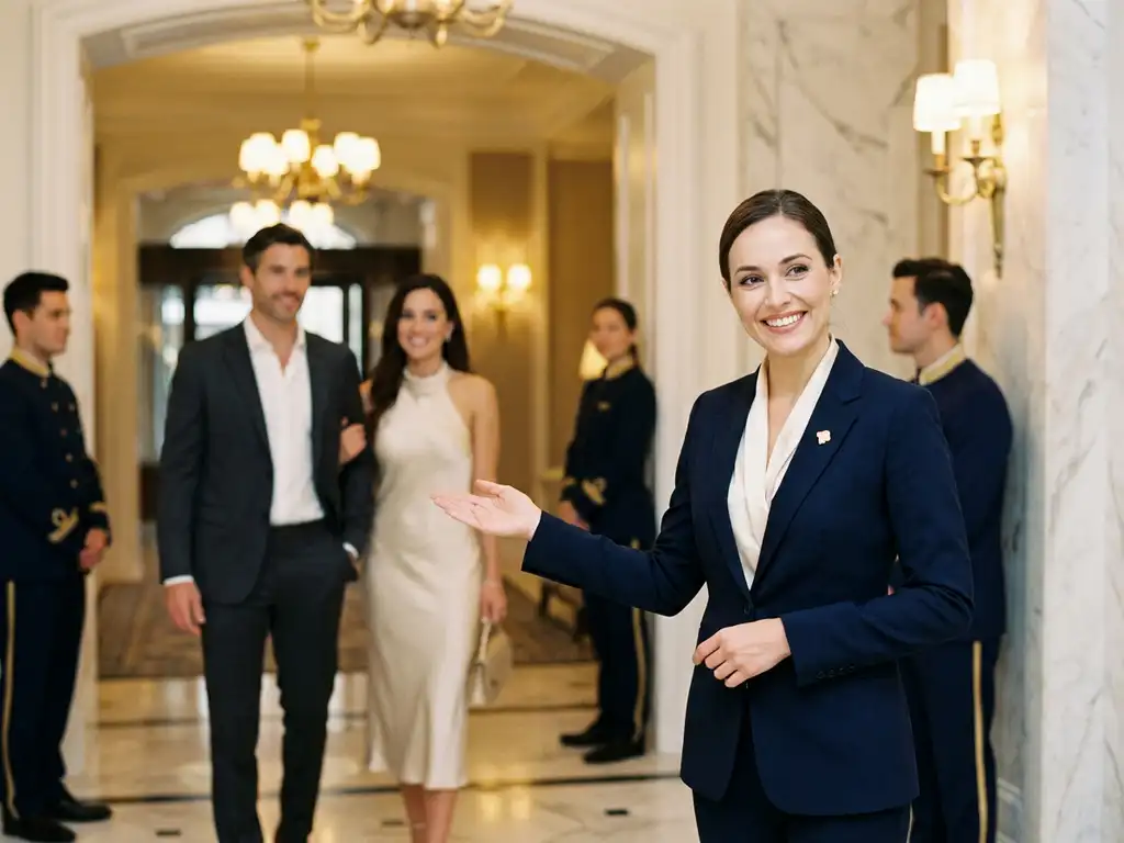 Gastvrouw in getailleerd blazer verwelkomt gasten bij elegante entree met marmeren foyer en warm omgevingslicht.