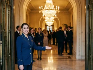Gastvrouw in marineblauw uniform verwelkomt gasten bij ingang van elegante evenementenlocatie met kroonluchters en marmeren vloer.