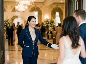 Elegante gastvrouw in maatpak verwelkomt gasten bij ingang van luxe evenementenlocatie met marmeren vloer en kroonluchters.