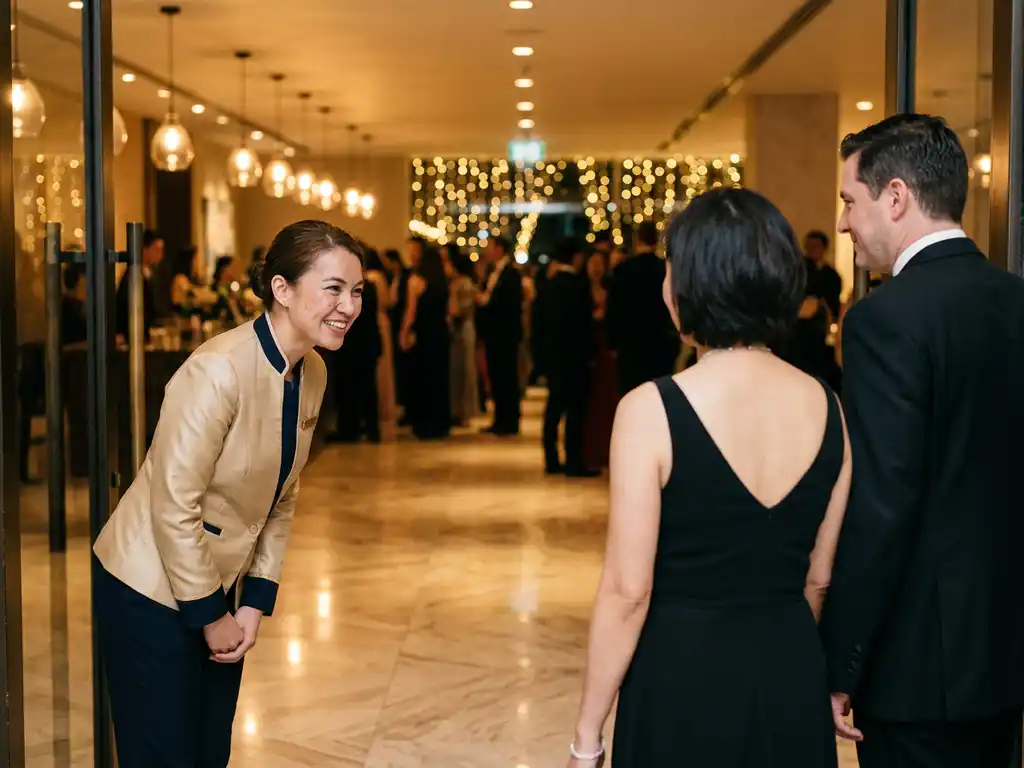 Gastvrouw in strak uniform verwelkomt gasten bij ingang van luxe evenementenlocatie met marmeren vloer en galasfeer.