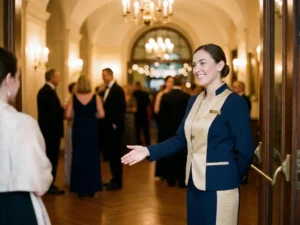 Gastvrouw in strak uniform verwelkomt gasten bij ingang van elegante evenementenlocatie met warm sfeervolle verlichting.