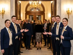 Gastheren en gastvrouwen in marineblauw uniform verwelkomen gasten in een marmeren foyer met gouden accenten en warm sfeerverlichting.