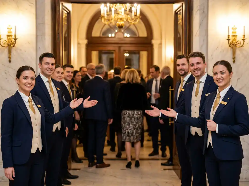 Gastheren en gastvrouwen in marineblauw uniform verwelkomen gasten in een marmeren foyer met gouden accenten en warm sfeerverlichting.