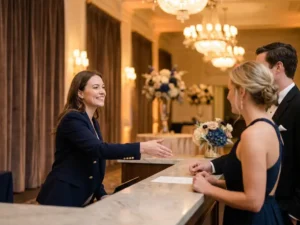 Gastvrouw in getailleerd blazer verwelkomt gasten bij registratiebalie in elegante evenementenhal met gouden en marineblauw accenten.