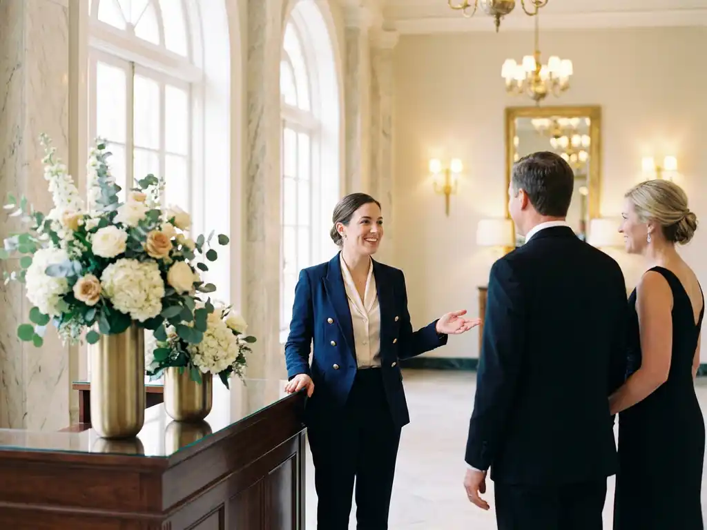 Gastvrouw in op maat gemaakt blazer verwelkomt gasten in marmeren foyer met bloemstukken op receptiebalie en gouden accenten.