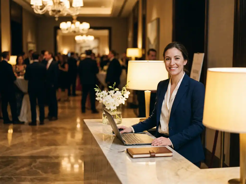 Gastvrouw in getailleerd blazer verwelkomt gasten bij een elegante evenementingang met registratiebalie en bloemstukken.