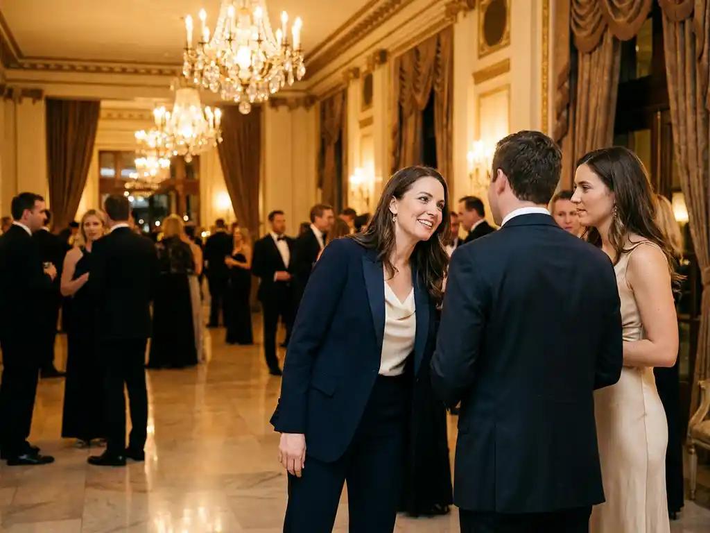 Gastvrouw in strak blazer verwelkomt gasten bij ingang van luxe evenementenlocatie met marmeren vloer en kroonluchters.
