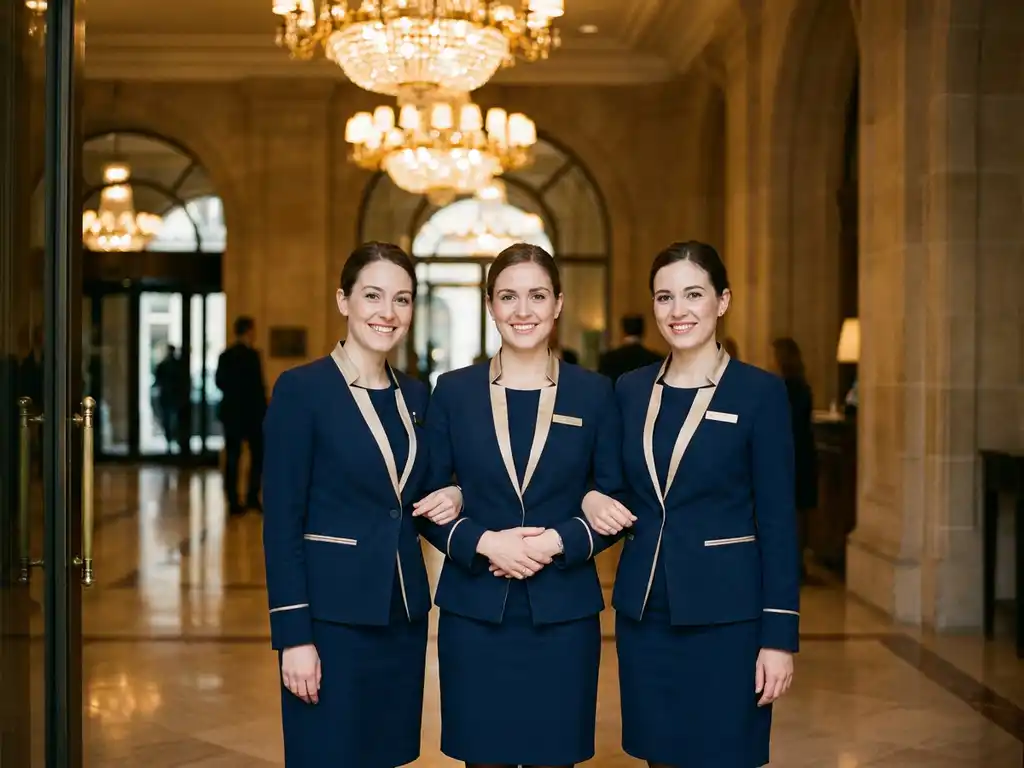 Drie professionele hostesses in marineblauwe uniformen bij de ingang van een luxe evenementenlocatie met marmeren lobby en gouden kroonluchters.
