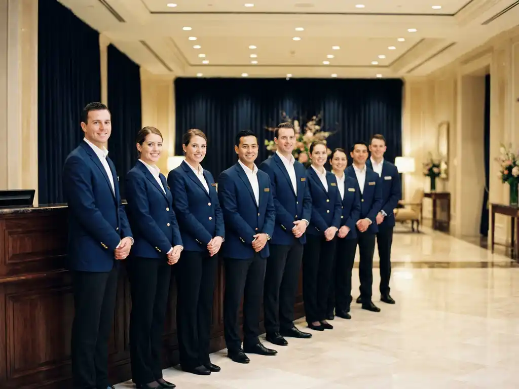 Rij gelijkgeklede gastheren en gastvrouwen in marine blazers achter een elegante welkomstbalie in een luxe evenementenfoyer.