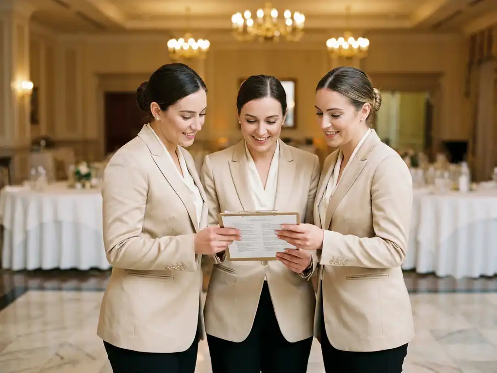 Drie elegante hostesses in bijpassende uniformen bekijken briefingmateriaal in een feestzaal met marmeren vloer en gedekte tafels.