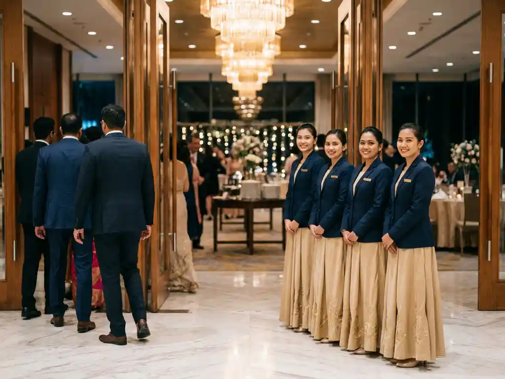 Gastheren in elegante champagnegouden en marineblauw uniformen verwelkomen gasten in een marmeren foyer met kroonluchterverlichting.