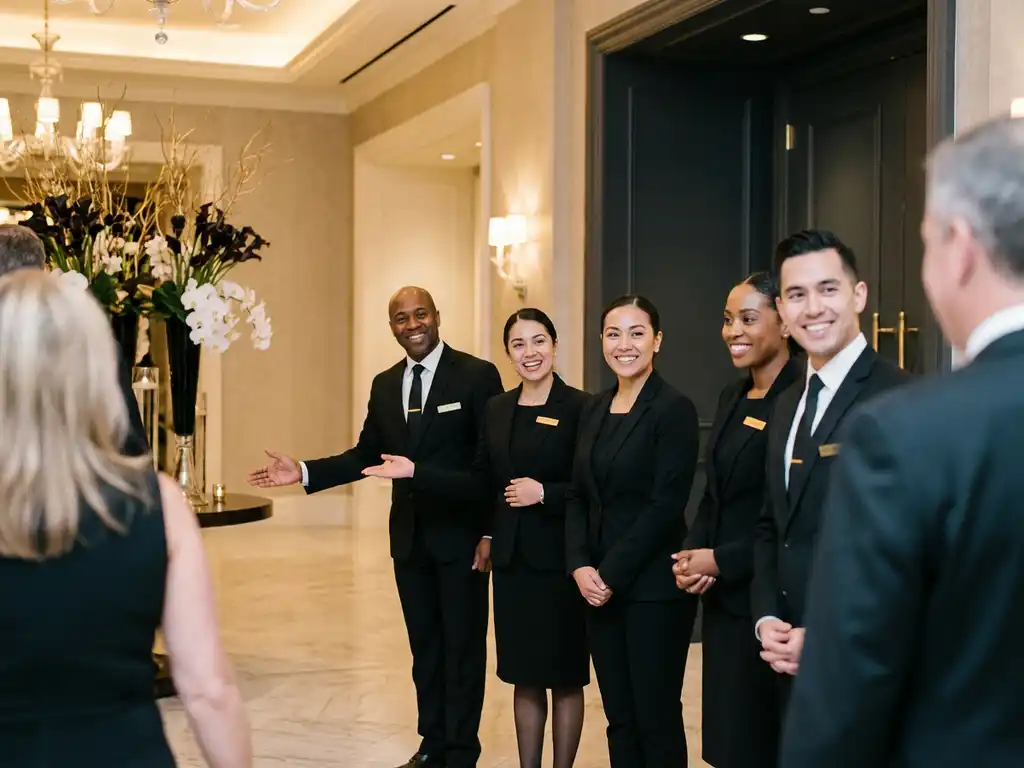 Professionele hosts en hostesses in zwarte uniformen verwelkomen gasten bij een luxe evenementenlocatie met marmeren foyer en bloemstukken.