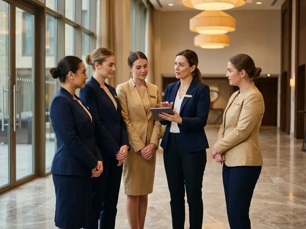 Hospitality teamleider instrueert vier elegante hosts en hostessen in een moderne evenementenlocatie met marmeren vloer en warm hangend licht.