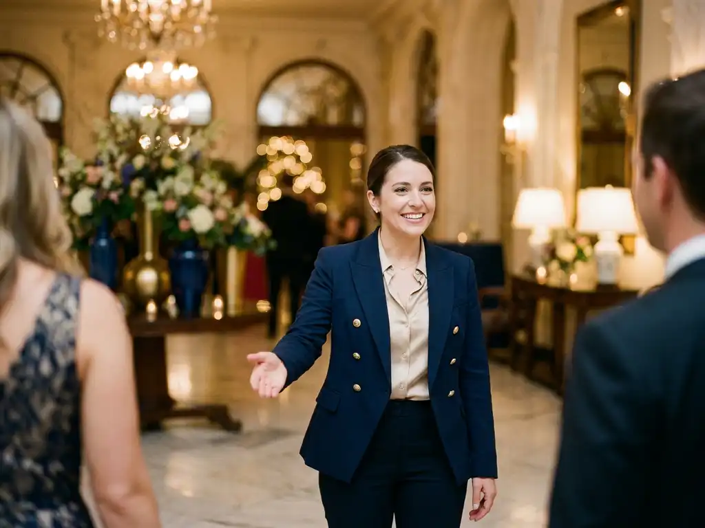 Professionele gastvrouw in maatpak verwelkomt gasten bij ingang van elegante evenementenlocatie met marmeren vloer en bloemstukken.